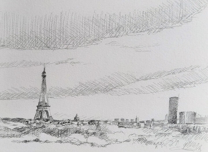 Dessin intitulée "Depuis Suresnes" par Pascal Brachet, Œuvre d'art originale, Crayon