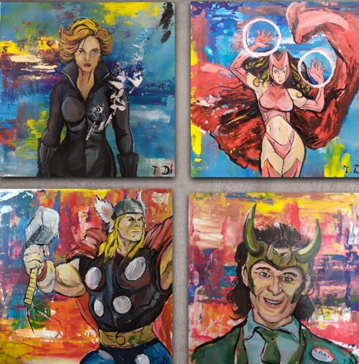 Peinture intitulée "superheroes" par Dina Telesheva, Œuvre d'art originale, Acrylique Monté sur Carton