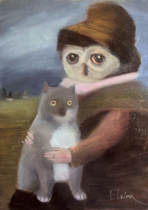 Owl portrait with cat 绘画, 14x10 in