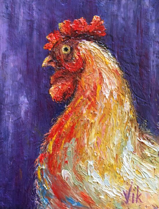 Schilderij getiteld "miniature "rooster"" door Viktor Kurson, Origineel Kunstwerk, Olie