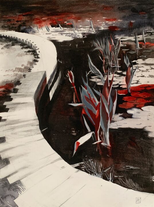 Drawing titled "“Black pond”" by Alexandra Kokina, Original Artwork, Watercolor