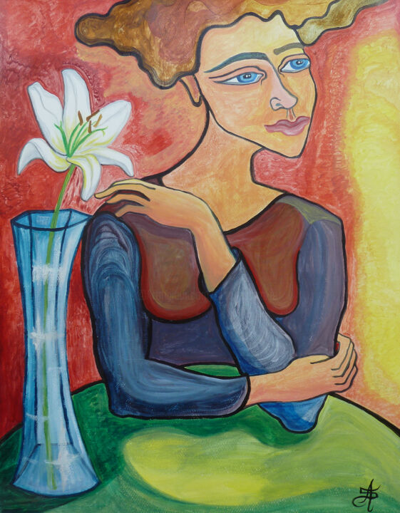 Peinture intitulée "La Femme au lys bla…" par Aurélie Sarrazin, Œuvre d'art originale, Acrylique
