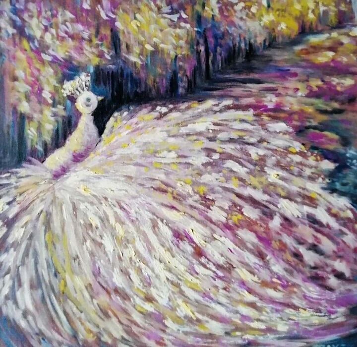 Colorful Oil Painting White Bird 绘画, 15.8x15.8 in