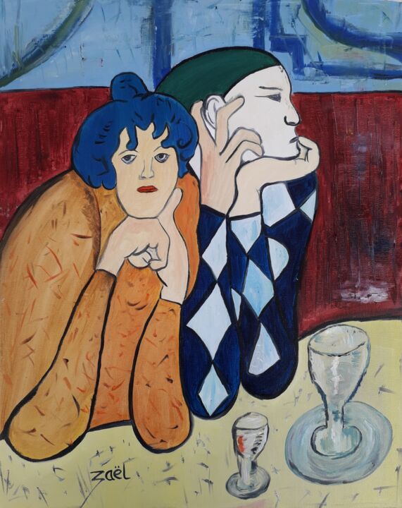 ARLEQUIN ET SA COMPAGNE AU BISTROT 绘画, 19.7x15.8 in