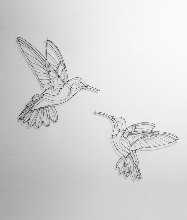 Sculpture duo de colibris en fil de fer 雕塑