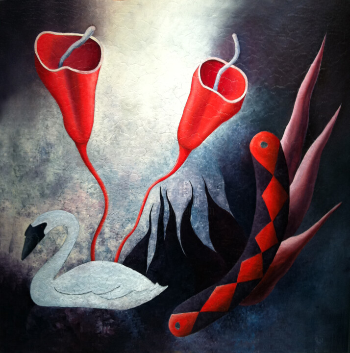 Swan and flowers 绘画, 59.8x59.8 in