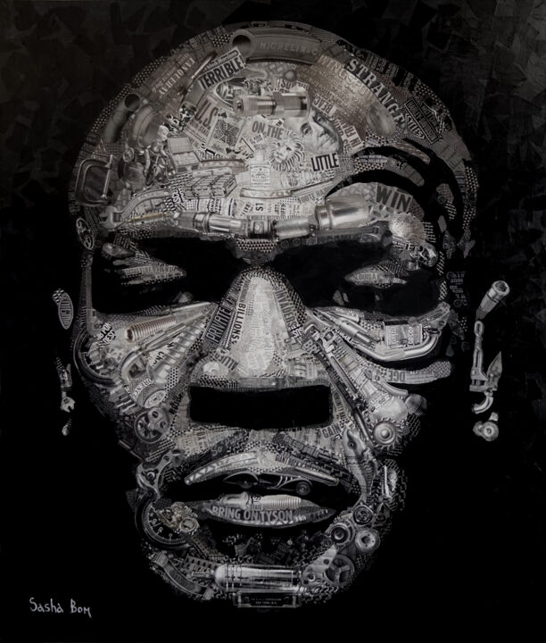 Collages titled "Iron Mike 2" by Sasha Bom, Original Artwork, Collages Mounted on Wood Stretcher frame