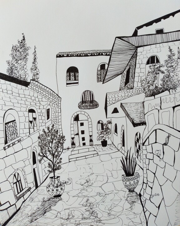 cityscape Zefat 图画, 16.5x12.2 in