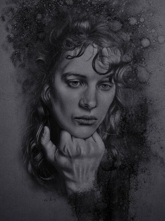 Malerei mit dem Titel "Melancholy Baby" von Calla Tsukishiro, Original-Kunstwerk, Kohle