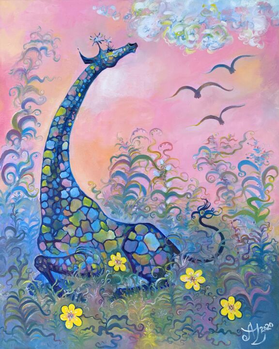 Contemplating Giraffe 绘画, 20x16 in