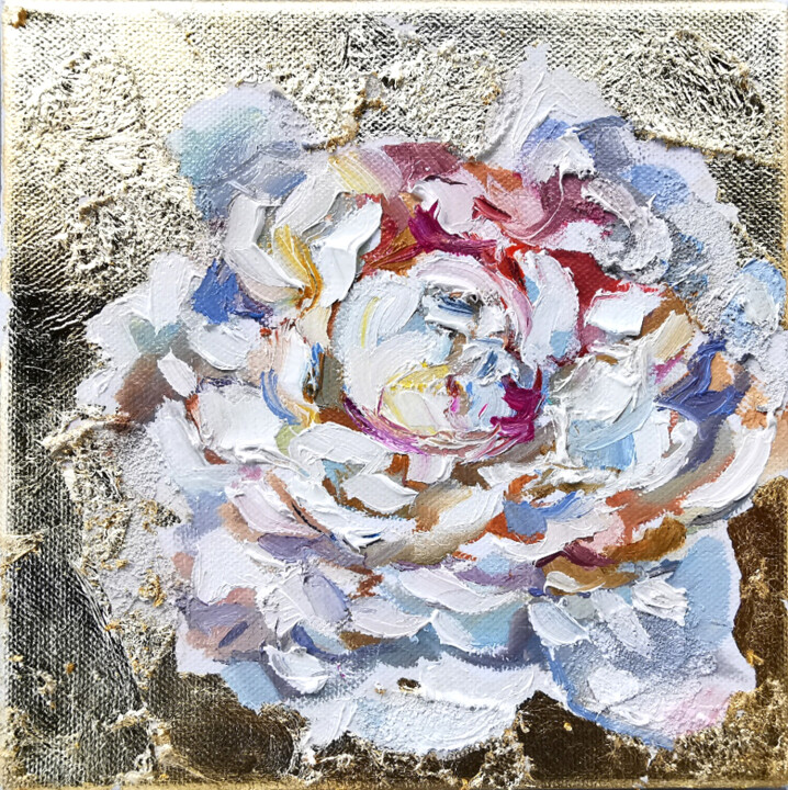 Pittura intitolato "White peonies minia…" da Annet Loginova, Opera d'arte originale, Olio Montato su Telaio per barella in l…