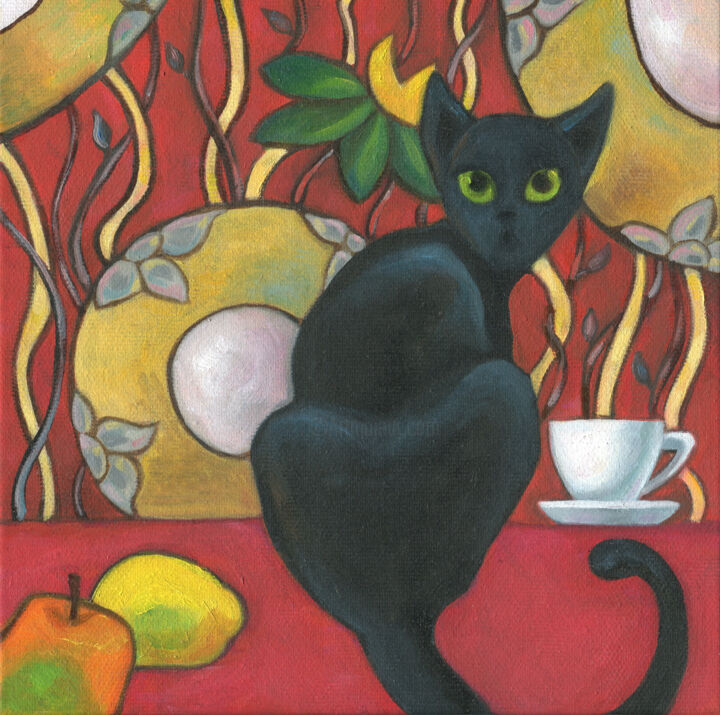Mystic Black Cat 绘画, 7.9x7.9 in