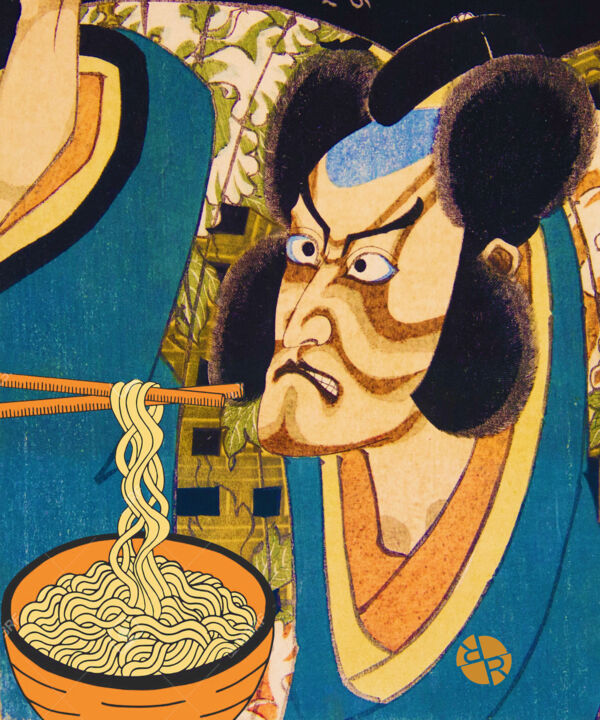 Rubino Samurai Eats Noodles Funny 绘画, 16x13 in