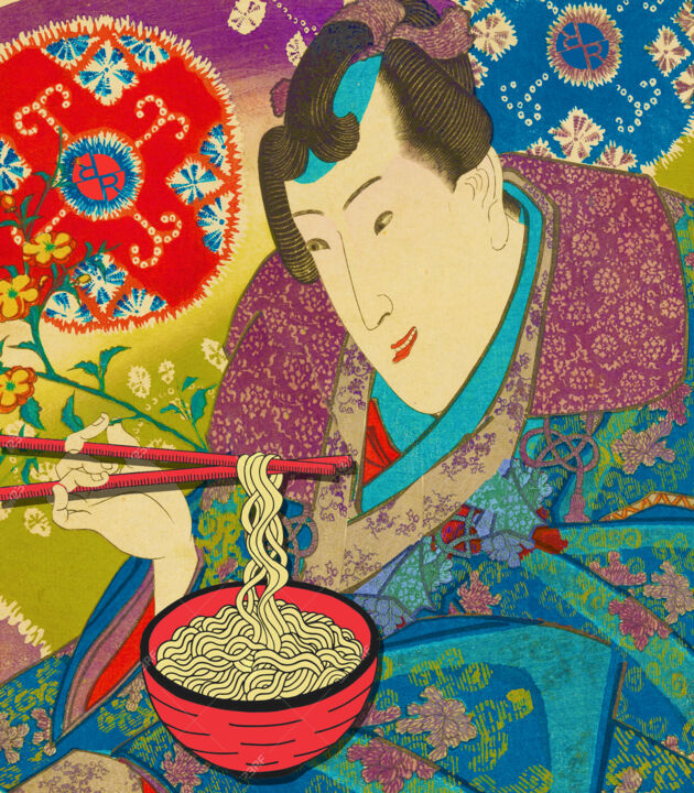 Rubino Samurai Eats Noodles Happy 绘画, 16x14 in