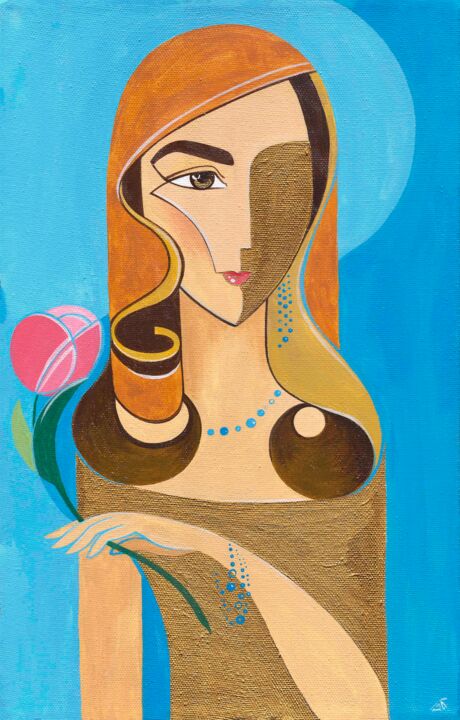 Oh, Bohemia! Woman portrait in a golden dress 绘画, 19.7x11.8 in