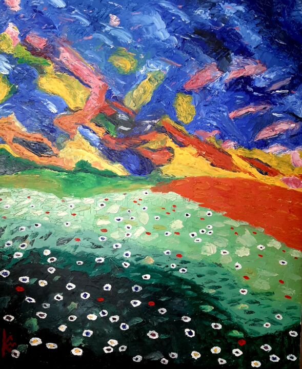 Peinture intitulée "Daisies and poppies" par Kurotory, Œuvre d'art originale, Huile Monté sur Châssis en bois