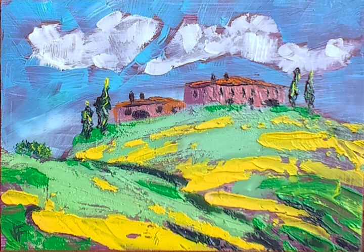 Italian Yellow Green Field Original Oil Small Artwork 绘画, 3.9x5.9 in