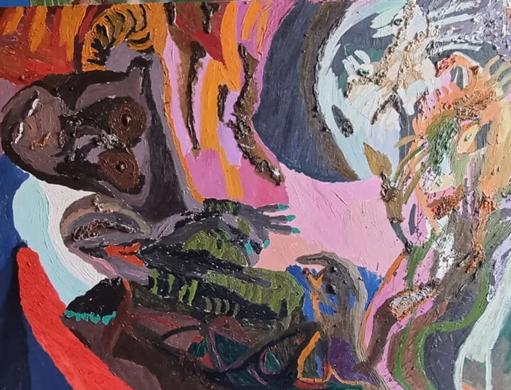 Una donna e i suoi amici gattini 绘画, 39.4x59.1 in