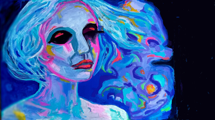 Night blue sky moon 绘画, 19.7x35.4 in