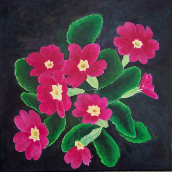 Peinture intitulée "Primevères sur fond…" par Maryse Curinier-Rochette, Œuvre d'art originale, Acrylique Monté sur Châssis e…
