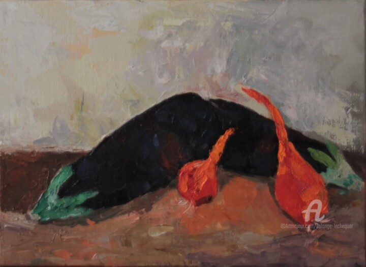 Peinture intitulée "Aubergines et Echal…" par Chéker, Œuvre d'art originale, Huile Monté sur Châssis en bois