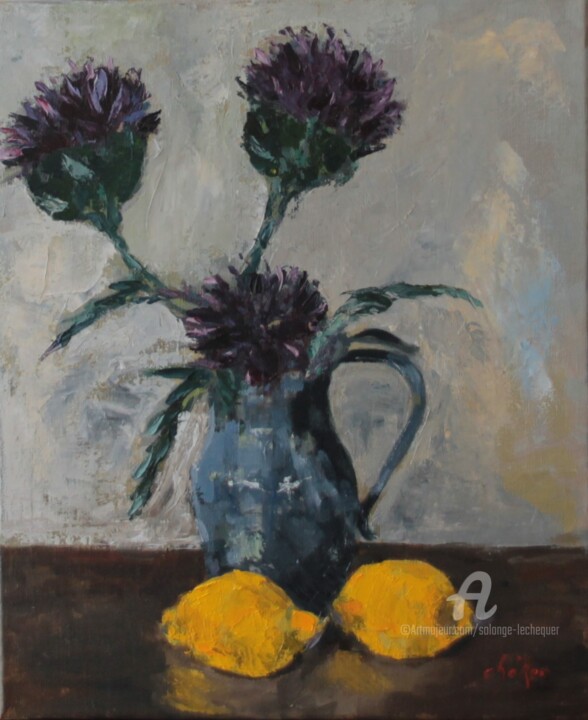Peinture intitulée "Cardons en fleurs d…" par Chéker, Œuvre d'art originale, Huile Monté sur Châssis en bois