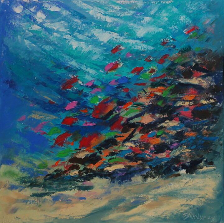 绘画 标题为“Coral Reef UNDERWA…” 由Olga Nikitina, 原创艺术品, 油 安装在木质担架架上