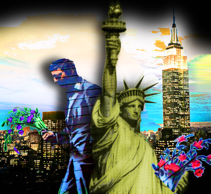 The Statue of Liberty and A Banksy Pass In The Night 数字艺术, 20x20 in