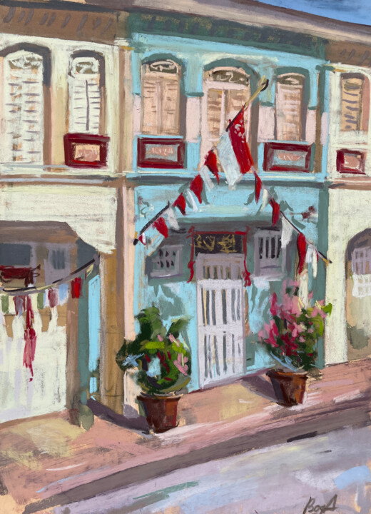 「Shophouse with red…」というタイトルの描画 Anna Bogushevskayaによって, オリジナルのアートワーク, パステル