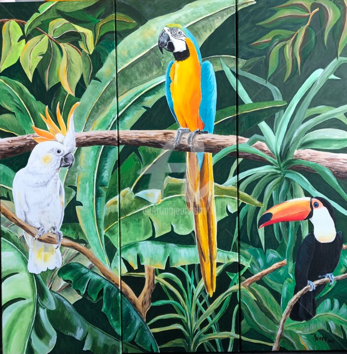 Peinture intitulée "Triptyque cacatoès,…" par Patrice Behra, Œuvre d'art originale, Acrylique Monté sur Châssis en bois