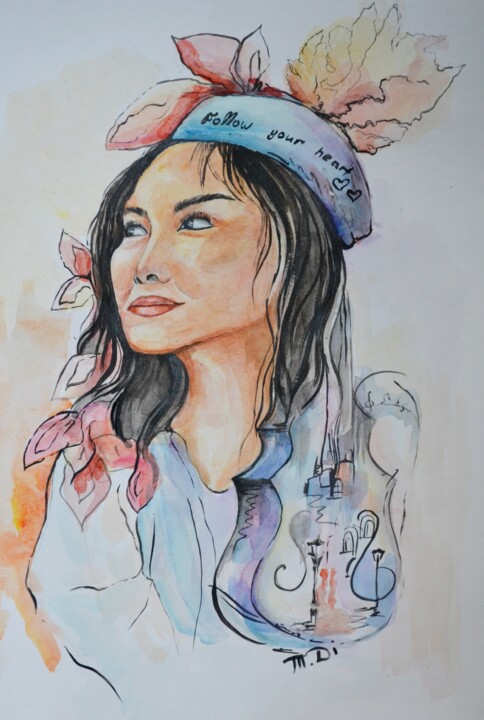 Pintura titulada "follow your heart" por Dina Telesheva, Obra de arte original, Acuarela