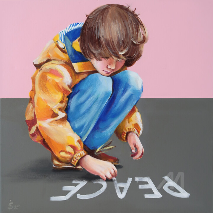 A picture of a boy drawing "Peace" 绘画, 15.8x15.8 in