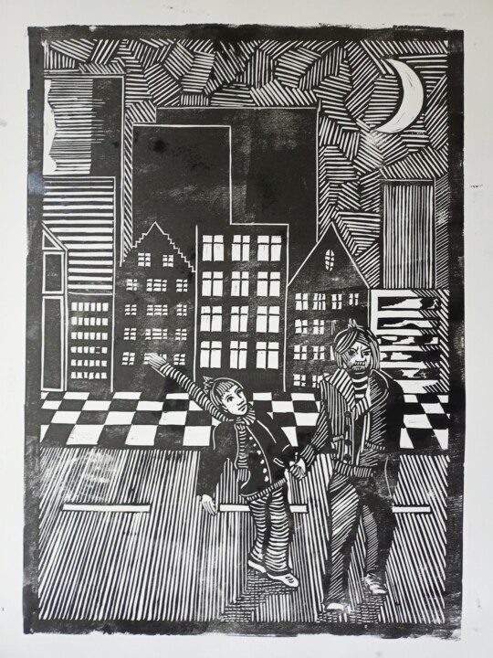印花与版画 标题为“Midnight walk” 由Karel Liefooghe, 原创艺术品, Linocuts 安装在木板上