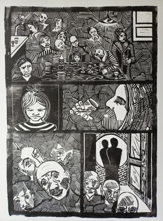 印花与版画 标题为“The kid in the bar” 由Karel Liefooghe, 原创艺术品, Linocuts 安装在木板上