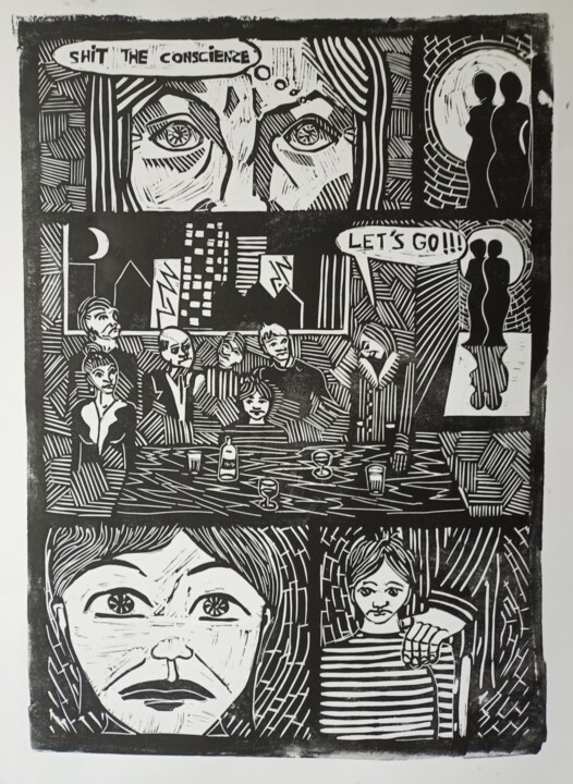 印花与版画 标题为“The conscience” 由Karel Liefooghe, 原创艺术品, Linocuts 安装在木板上