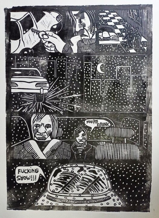 印花与版画 标题为“The drunk man.” 由Karel Liefooghe, 原创艺术品, Linocuts 安装在木板上