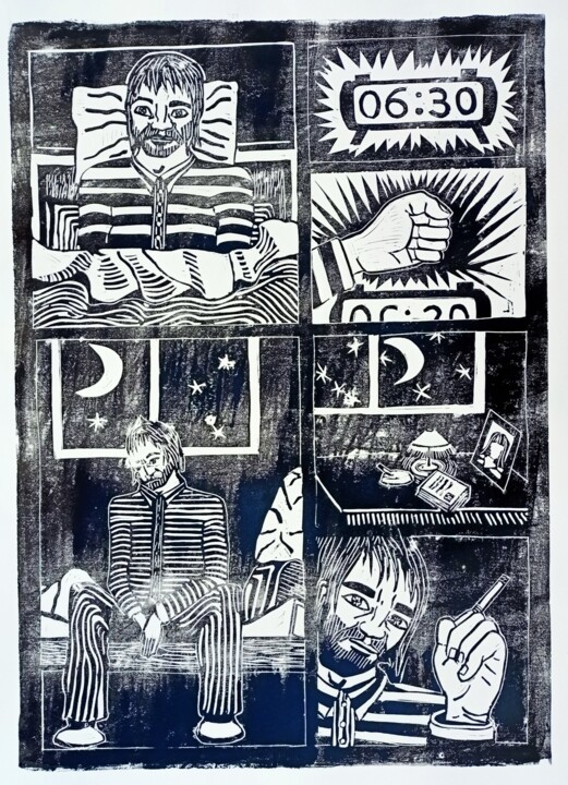 印花与版画 标题为“Le reveille” 由Karel Liefooghe, 原创艺术品, Linocuts 安装在木板上