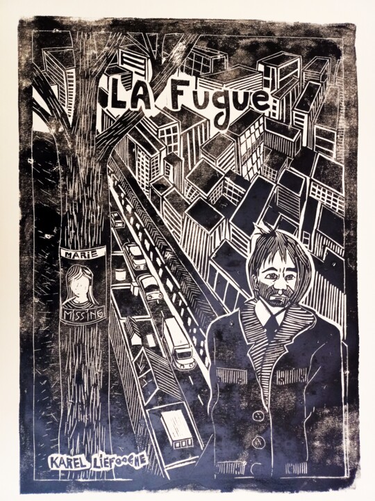 印花与版画 标题为“La fugue” 由Karel Liefooghe, 原创艺术品, Linocuts 安装在木板上