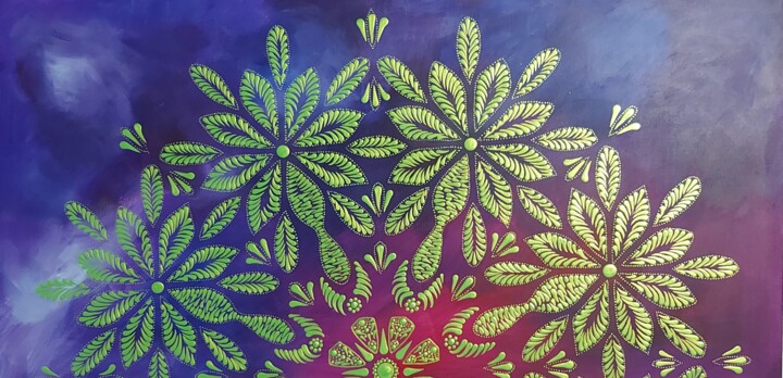 Painting titled "Cocoteraie sous le…" by Viviane Ramaye (Dadou), Original Artwork, Acrylic Mounted on Wood Stretcher frame