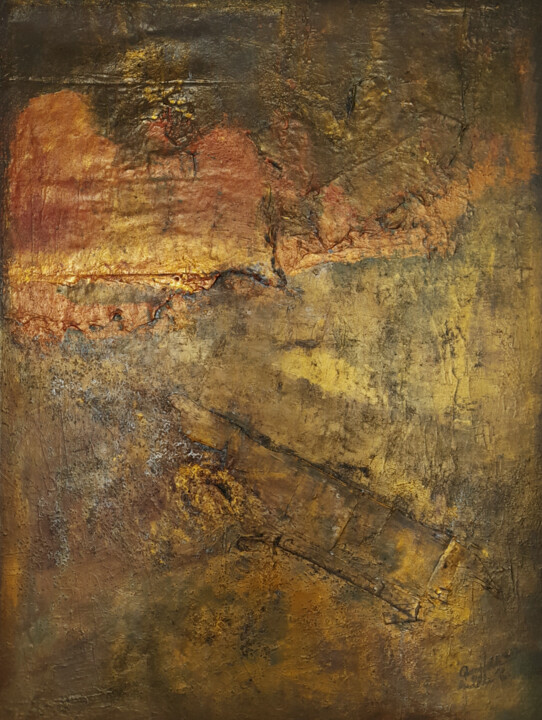 「Large Gold Rustic A…」というタイトルの絵画 Queennobleによって, オリジナルのアートワーク, アクリル ウッドパネルにマウント