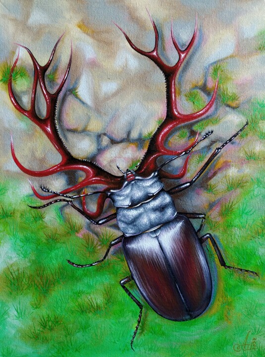 제목이 "Deer beetle"인 미술작품 Anna Shabalova로, 원작, 기름 판지에 장착됨
