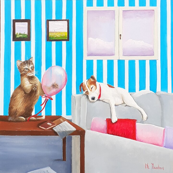Un gatto dispettoso 绘画, 19.7x19.7 in