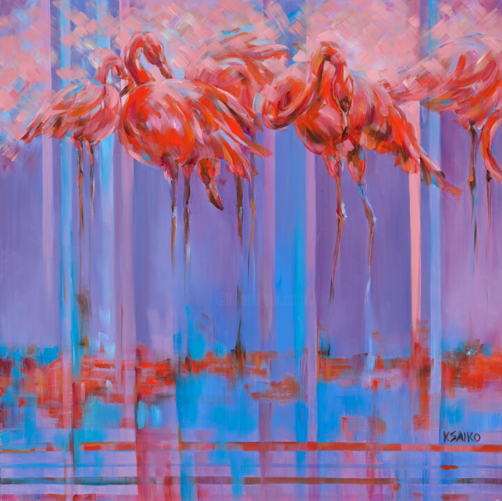 Flamingos 绘画, 36x36 in
