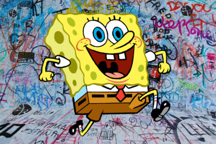 SpongeBob SquarePants graffiti building Running 拼贴, 16x24 in
