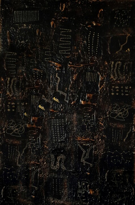 Картина под названием "Tribu Black Abstract" - Queennoble, Подлинное произведение искусства, Акрил Установлен на Деревянная…