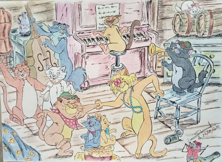 Représentation du dessin animés Les Aristochats réalisé aux 图画, 11.7x16.5 in