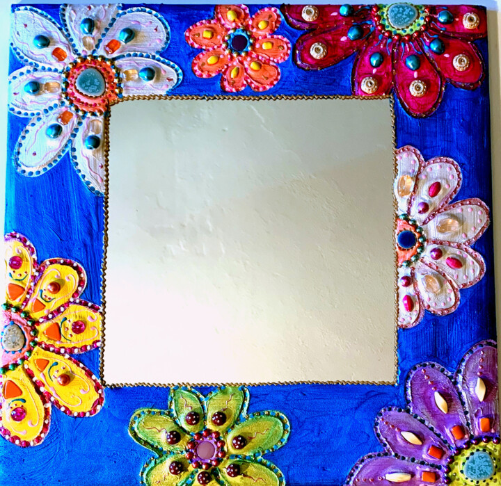 miroir carré "fleurs sur bleu" 50X 50 cm 设计, 19.7x19.7 in