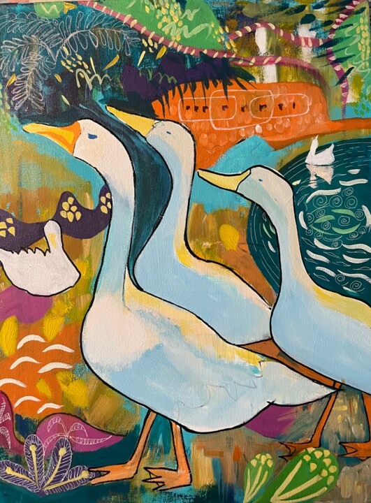 Pintura intitulada "Ducks in Lodhi Gard…" por Simple Mohanty Pani, Obras de arte originais, Acrílico Montado em Armação em m…