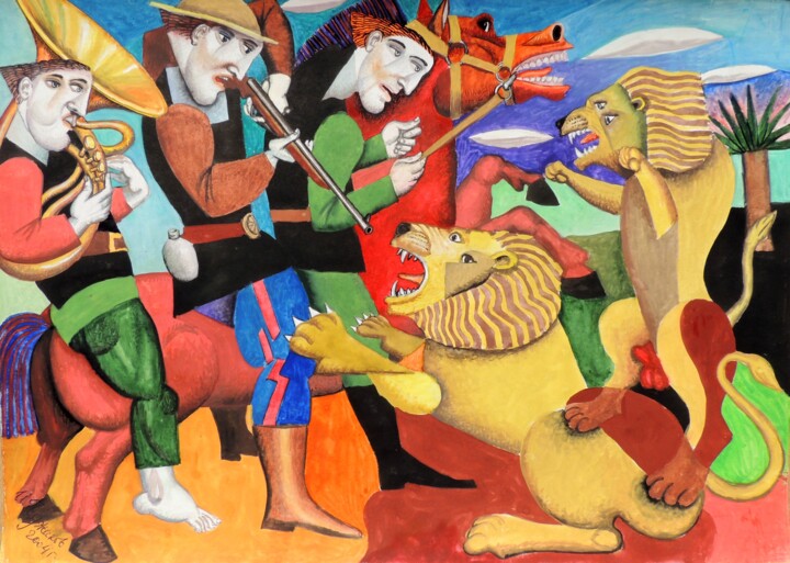 Охота на львов 绘画, 12.2x16.9 in