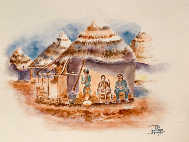 Dialogue dans le village africain 绘画, 11.8x15.8 in
